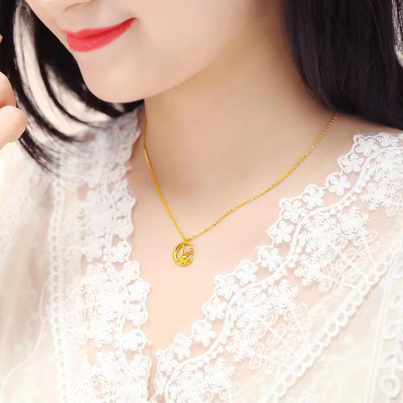 Gold-Plated Brass Big Ear Moon Rabbit Pendant Necklace - Perfect Gift for Girlfriend