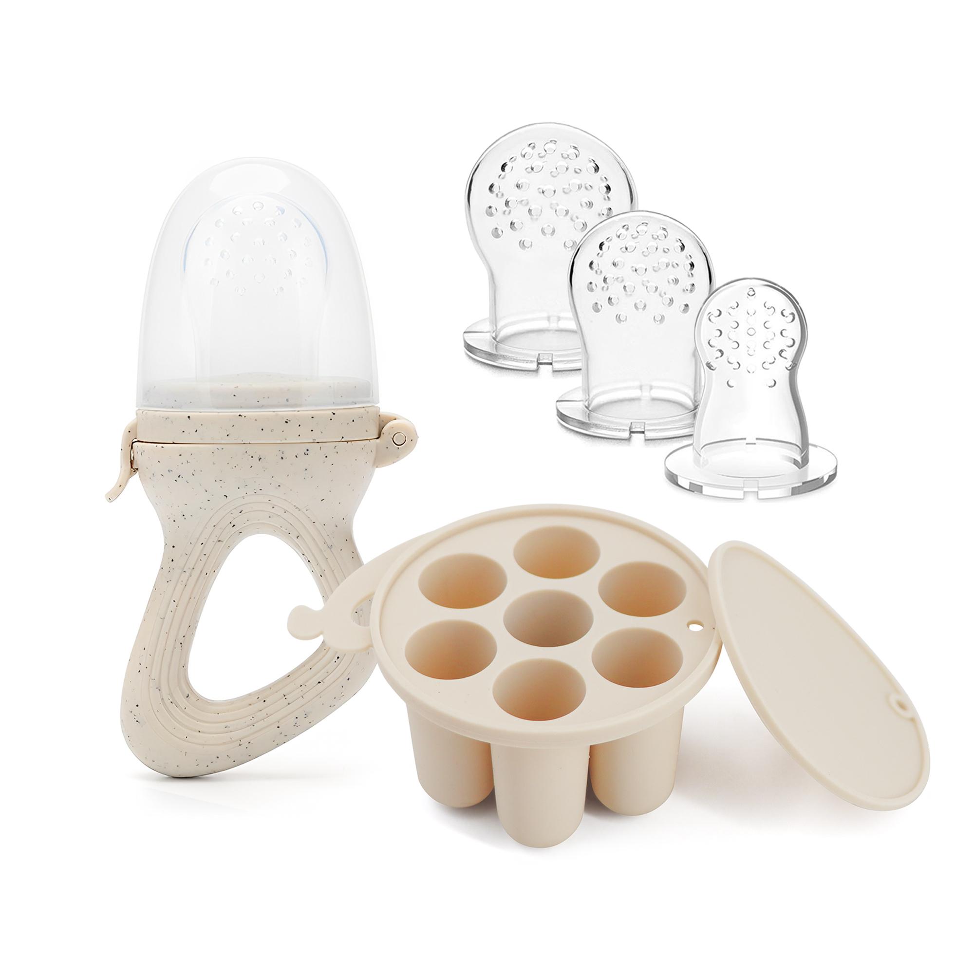 Baby Fruit Feeder Teether Pacifier with Baby Food Freezer Tray Set Silicone Freezable Teether for Fruit Purees Self Feeding бежевый