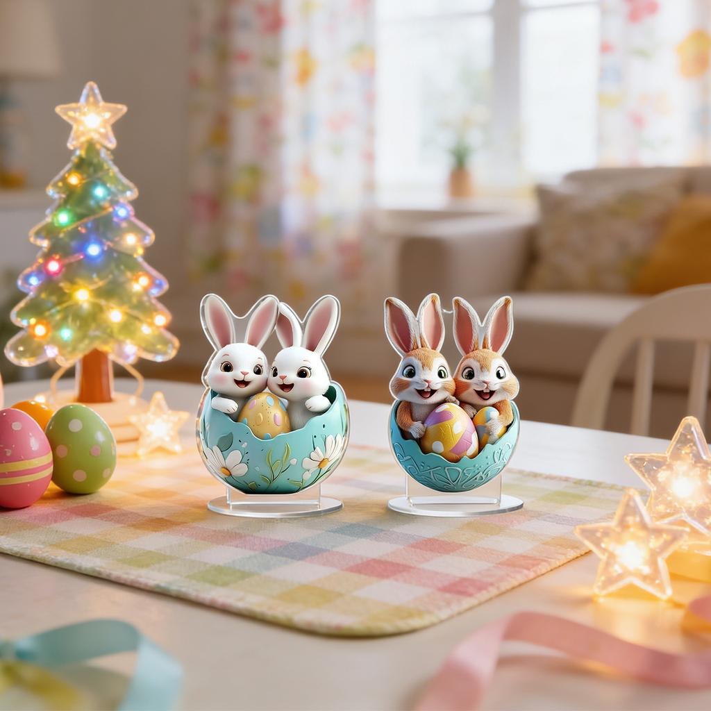 Easter Bunny Table Decor 2D Flat Acrylic Bunny Egg Desktop Easter Ornament, Spring Rabbits And Egg Table Sign Decorations