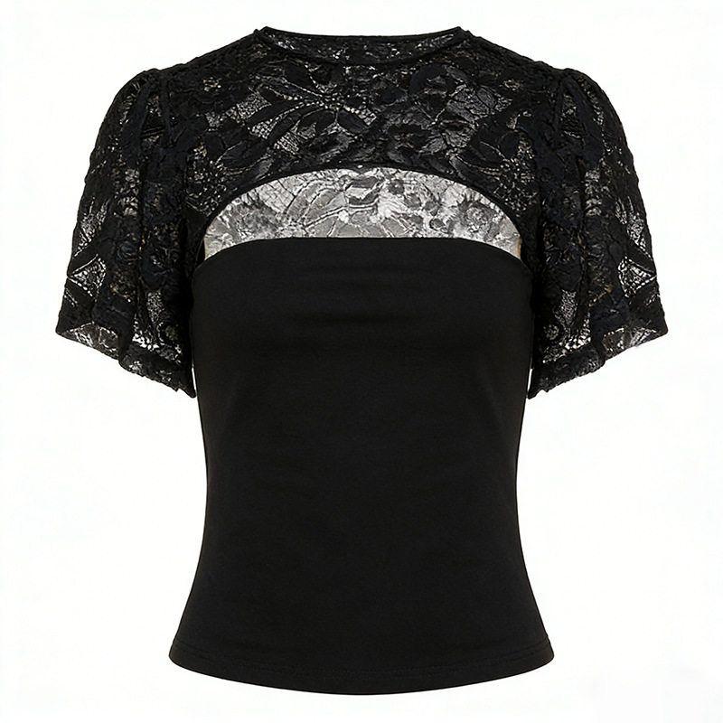 

American Street Style Lace Patchwork Slimming Solid Color Versatile Short-Sleeve T-Shirt Spicy Girl Hollow-Out Crop Top Black S