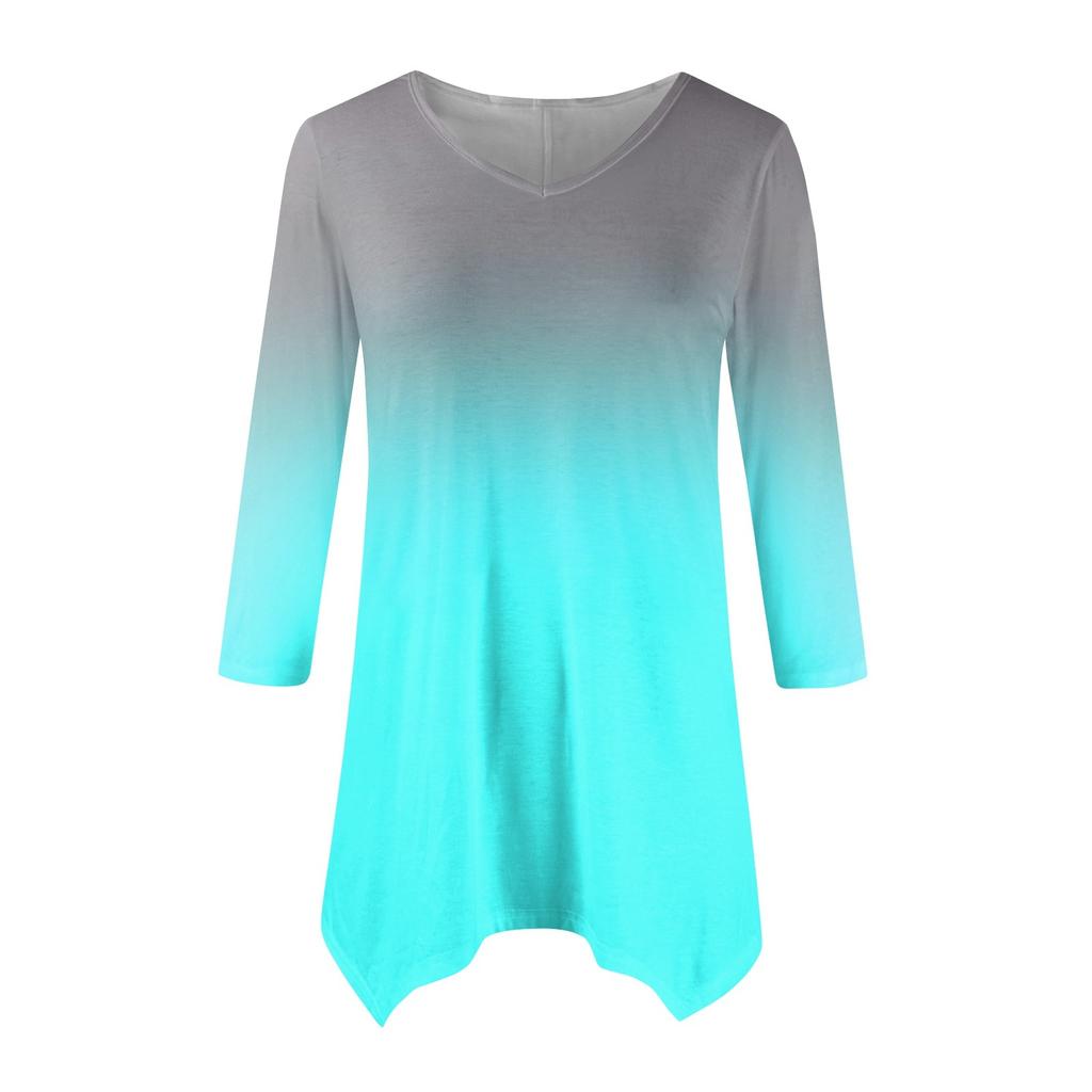 Women's Fashion Casual V-neck Gradual Print Seven-point Sleeve Shirt Belted Loose Comfortable Top