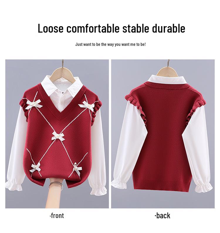 Mädchen Zweiteiliger Baumwollstrickpullover mit Hemdkragen für Frühling & Herbst