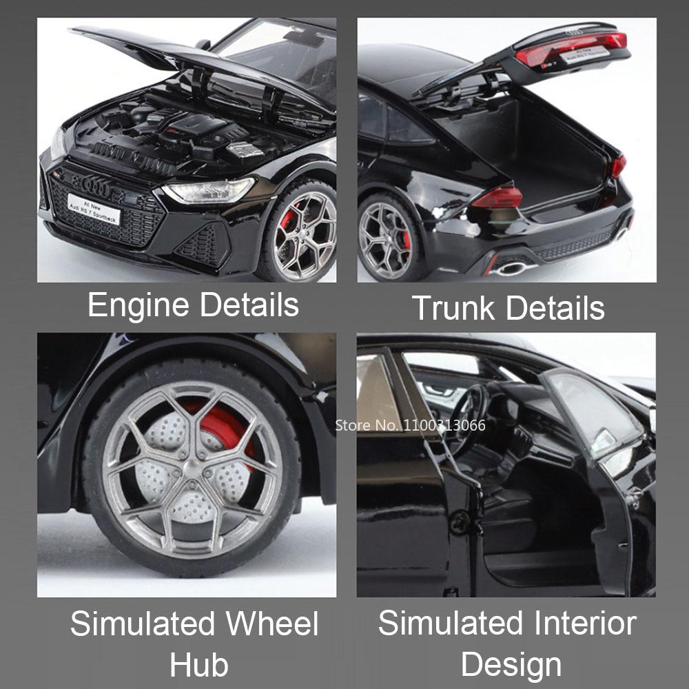 1:24 RS7 R8 V10 Cars Toys Alloy Diecast Models Light Sound Rubber Tires Vehicle Wheel Pull Back Miniature Car Kids Perfect Gifts