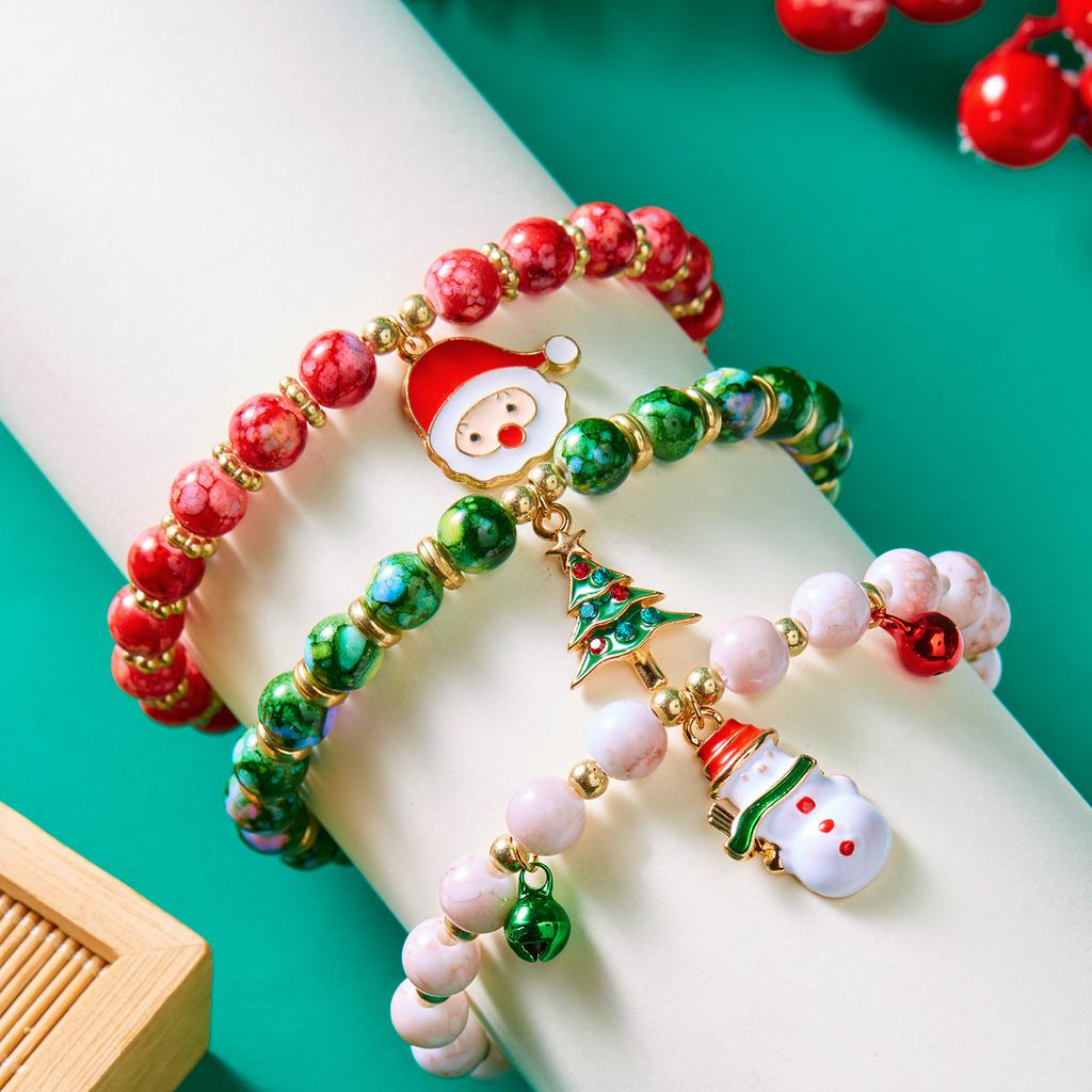 3Pcs Christmas Bracelet Set For Women Men Colorful Beaded Xmas Tree Snowman Santa Claus Snowflake Deer Bangles Festival Jewelry
