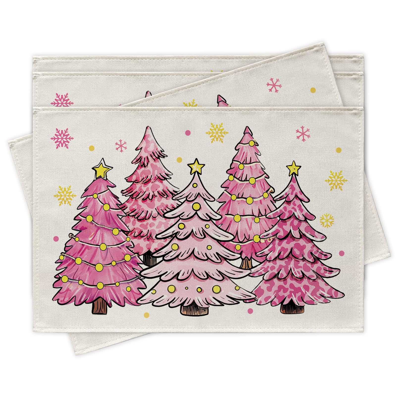 

Pink Christmas Tree Placemats Set of 4, Xmas Pine Trees Gold Snowflake Dining Place Mats Table Decor, Winter Holiday Home Kitchen Decoration 4Pcs-12 X18