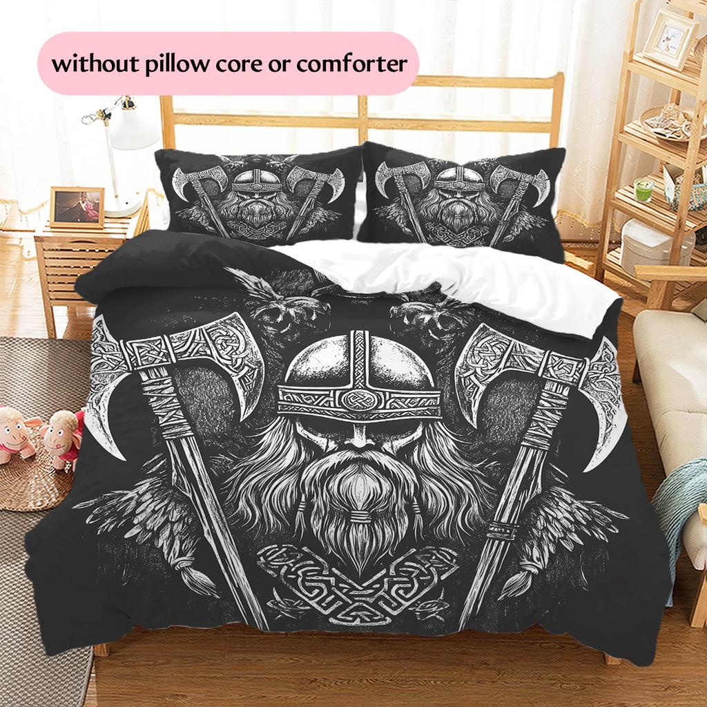 Wikinger-Krieger Muster Bettwäsche Steppdecke Set Bettbezug Kissenbezug Heimdekoration Geschenk (1 Bettbezug + 2 Kissenbezüge, ohne Füllung)