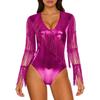Womens Metallic Shiny Club Bodysuit Tiered Sequin Tassel Mesh Long Sleeve Dance Jumpsuit