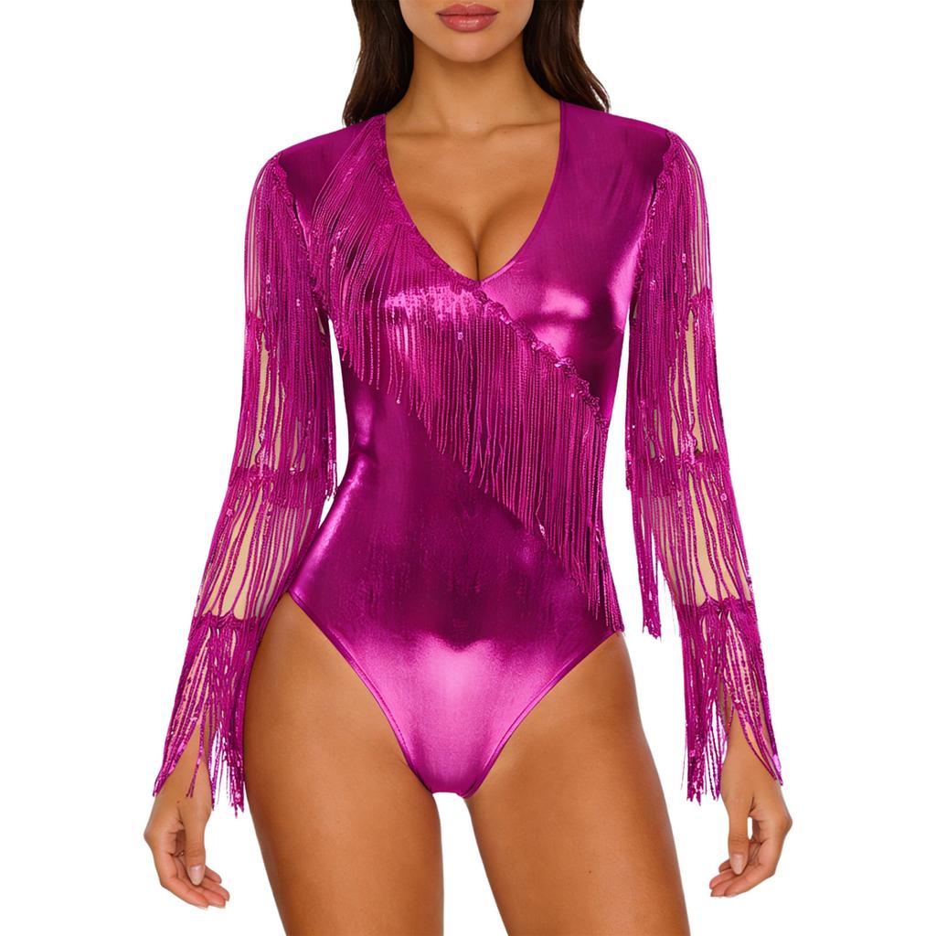 Womens Metallic Shiny Club Bodysuit Tiered Sequin Tassel Mesh Long Sleeve Dance Jumpsuit