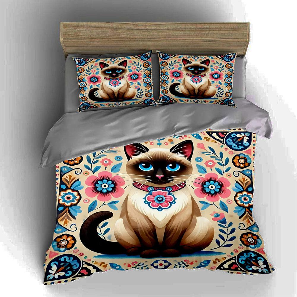 Katzen-Blumendesign. Bettwäsche Bettbezug-Sets Bettbezüge Kissenbezüge Geschenke (1 * Bettbezug 2 * Kissenbezüge, ohne Bettdecke)