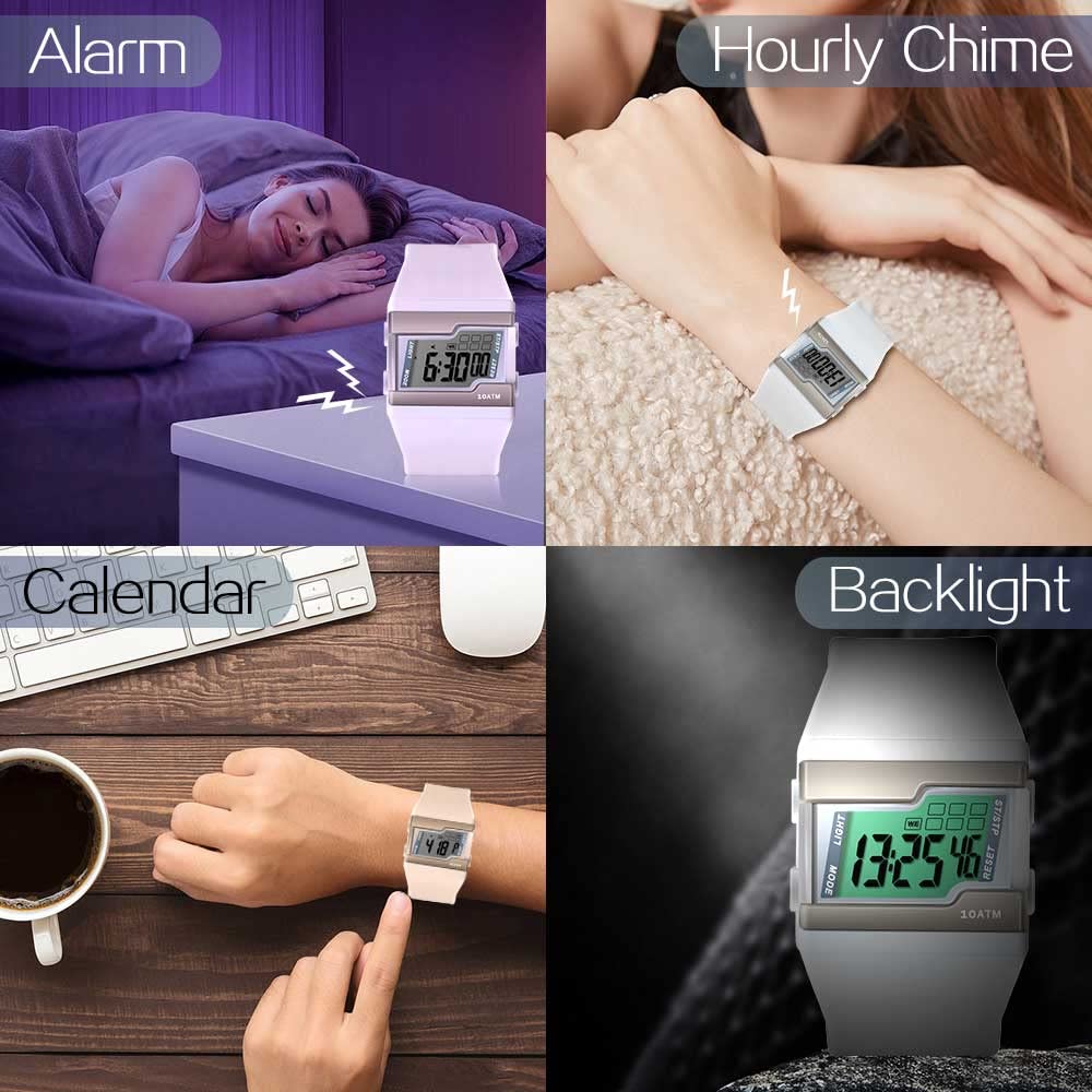 Digital swimming and diving watch with 10 ATM water resistance and multiple functions including lap alarm calendar and stopwatch, clock, backlight.