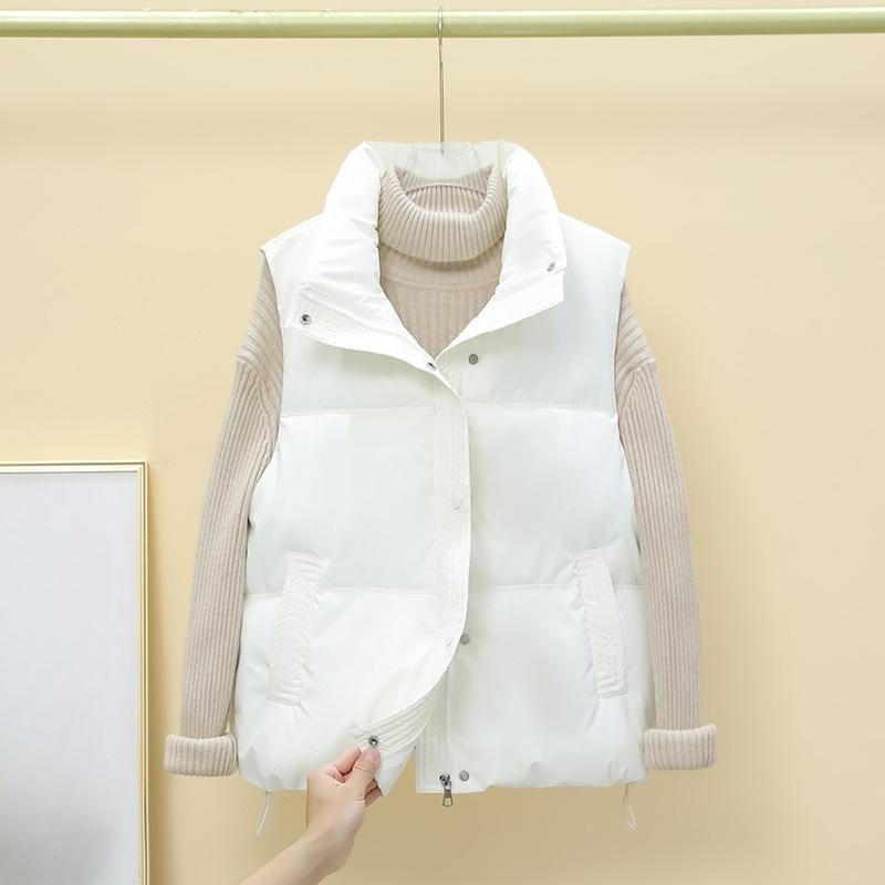 

Down Cotton PU Disposable Vest Women s 2024 Autumn and Winter Fashion Stand-up Collar Warm Loose Cotton Waistcoat Outer Wear Vest S бежевый