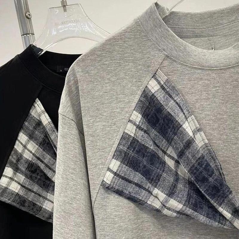 Checker Splicing Short Sleeve T-shirt for Women Loose Cotton Round Neck T-shirts Korean Style Lady's Summer Pullover Tee