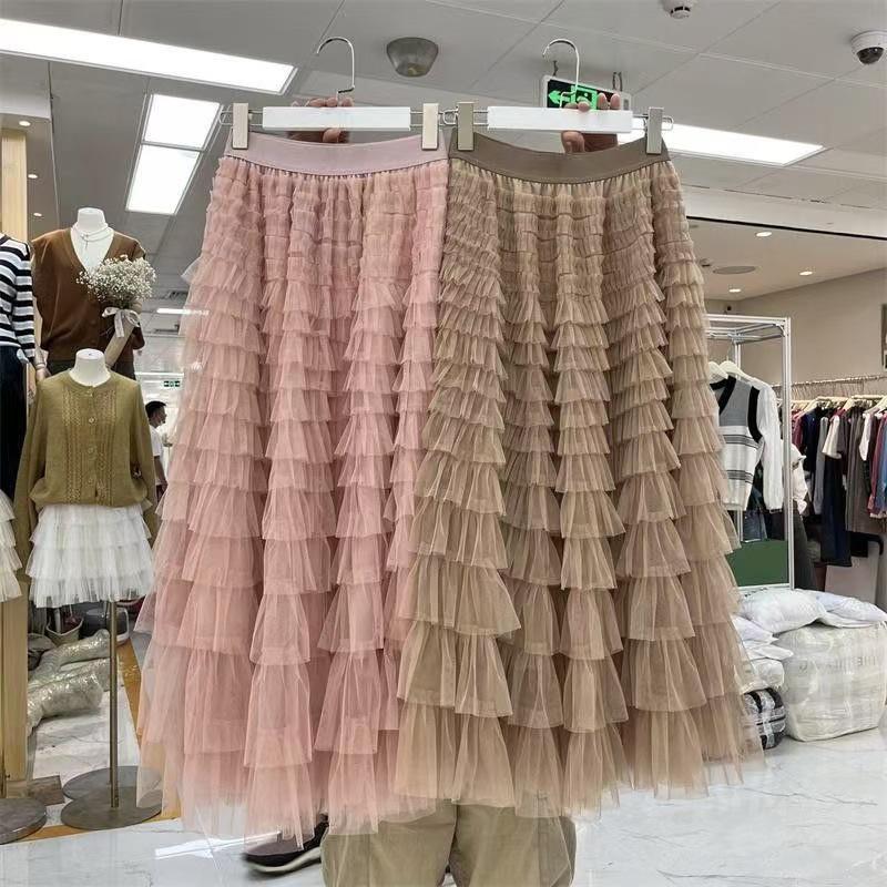 Women's Layered Mesh Gauze Pleated High Waist Long Skirt - Spring & Autumn Style