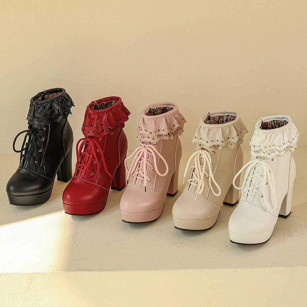 Ladies Lace Up Ankle Boots Women Shoes Sweet Lace Lolita Cute Cosplay Platform Botas Ladies High Heels Boot Female Plus Size 43
