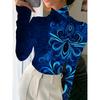 Women's Cheongsam Collar Long-sleeved T-shirt, Suitable for Women, with a Blue Geometric Layered Positioning Design