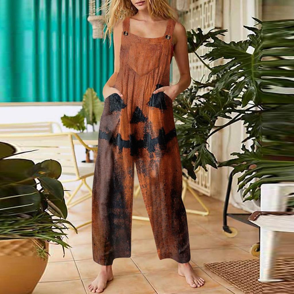 Women's Fashion Halloween Print Casual Vintage Sleeveless Button Jumpsuit