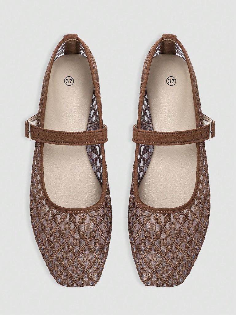 Women's Black Square Toe Ballet Mary Jane Flats with Cross Pattern Embroidery Detail and Black Buckle Strap