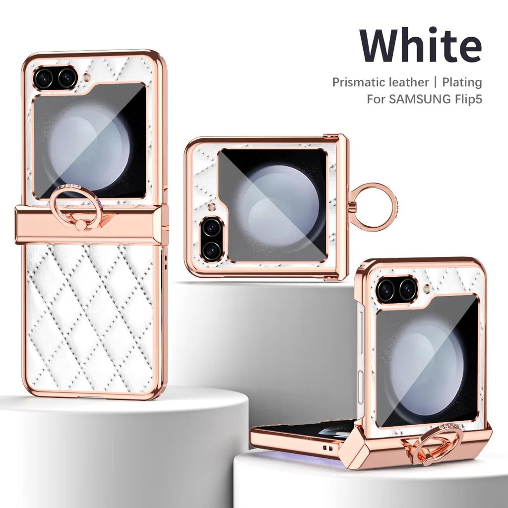 Electroplated Ring Leather Phone Case for Samsung Galaxy Z Flip 7 6 5 4 3 Flip6 Flip5 Flip4 Flip3 5G Shockproof  Holder  Cover
