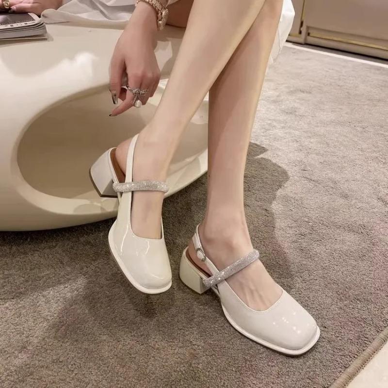 Jane Sandalen Elastikband Schuhe Geschlossene Zehe 2024 Damen Anzug Weiblich Beige Riemchenabsätze Slipper Neu Quadratisch Mode Schwarz
