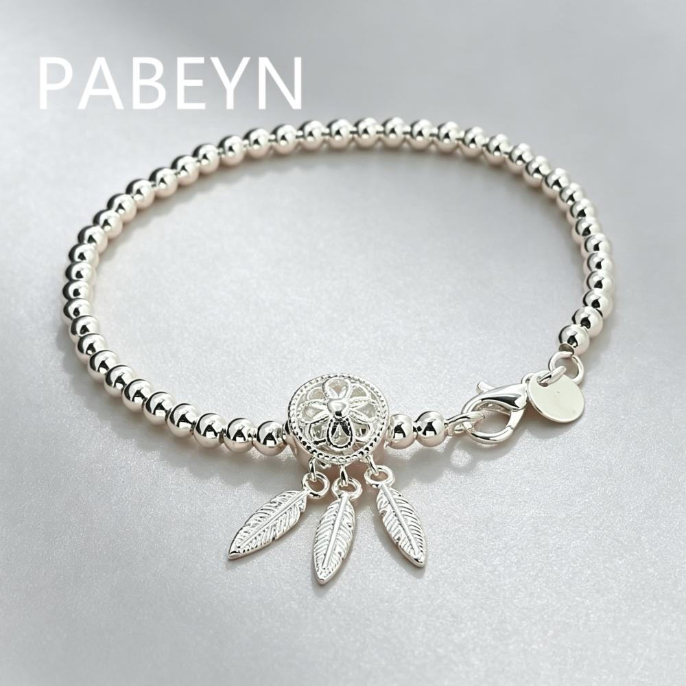 925 Sterling Silver Ball Feather Pendant Bracelet, Couple Banquet Wedding Birthday Jewelry Gift
