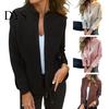 Women Casual Jacket Stand Collar Long Sleeve Woolen Coat with Pockets Solid Color Warm Lightweight Daily Wear Winter