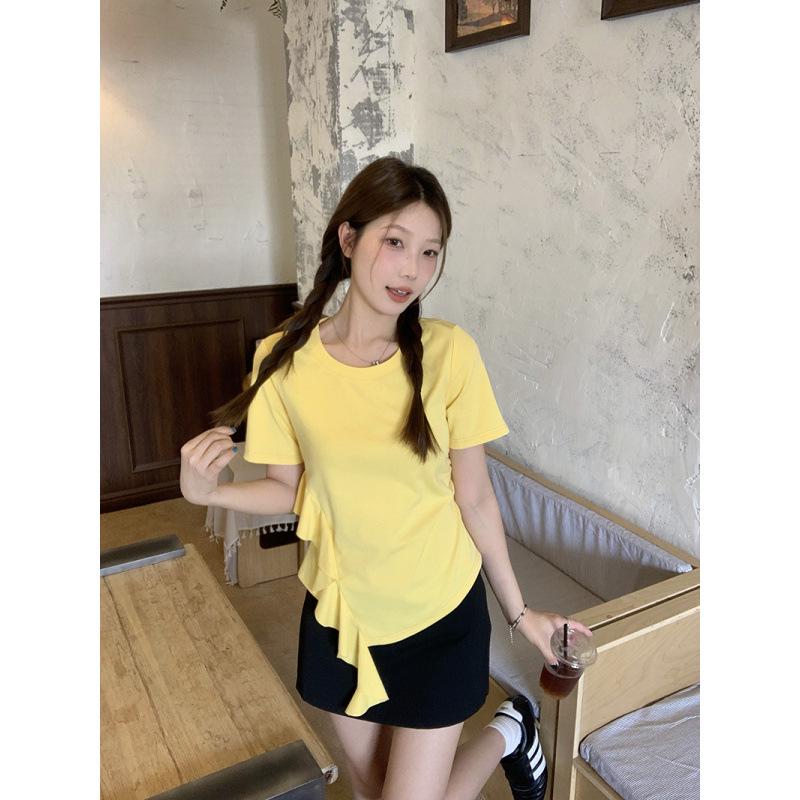 

2026 Summer Plus Size Women s Korean Sweet Ruffle Lace Round Neck Tee L жёлтый