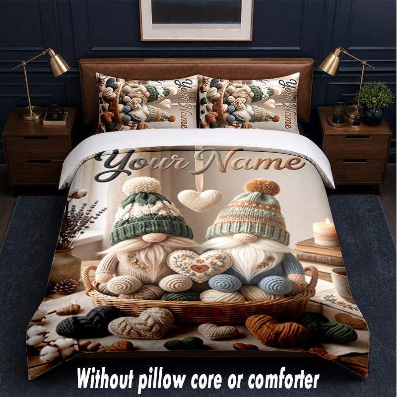 Gnome Theme Custom Text Or Name 3Pcs Bedding Set,1 Flat Sheet & 2 Pillowcases Personalized Home Bedding
