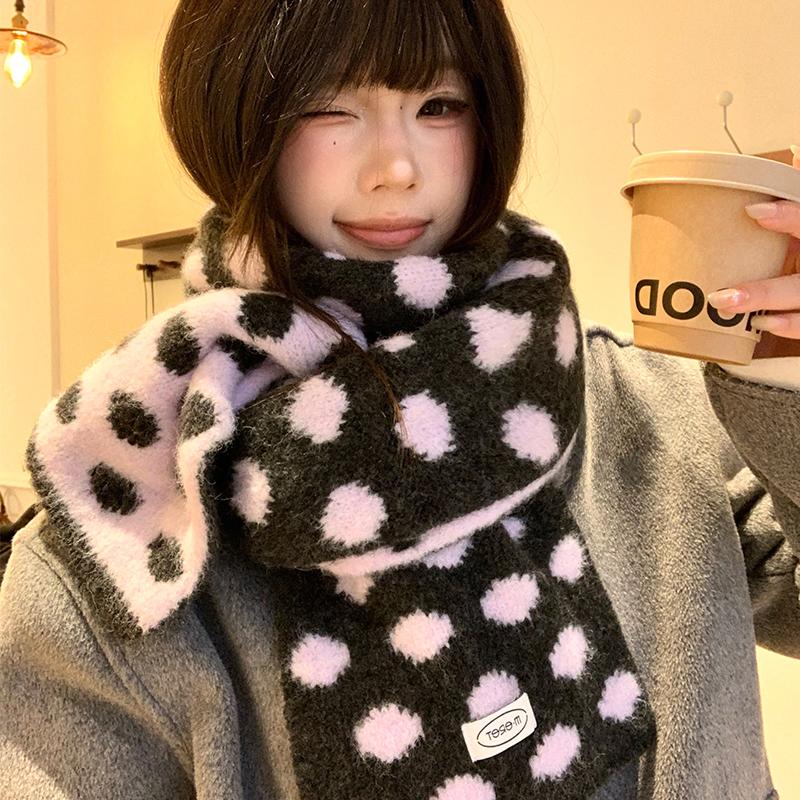 Korean Double-sided Knitted Scarf with Large Wave Dots, Women's Autumn and Winter Literary Sense, Warm and Cold-proof Scarf, Lazy Wind