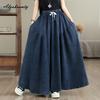 Plus Size Autumn Spring Women Maxi Long Denim Skirt Elastic Waist Drawstring Blue Baggy Skirt Oversized Casual Loose Vintage Skirts Womens