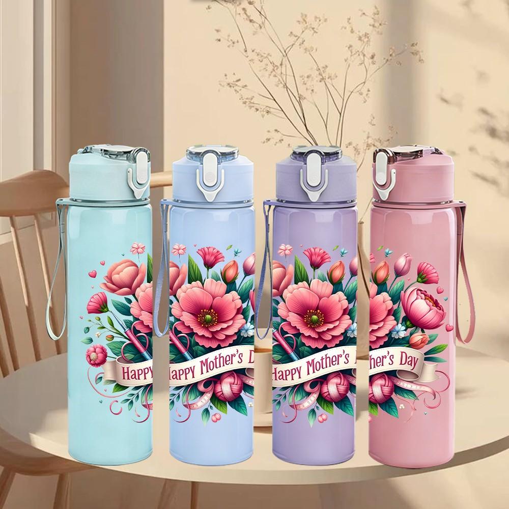 1PC Peony Rose Bouquet Floral Pattern 750ml Color Plastic Sports Water Bottle Leakproof Flip Straw Lid Suitable for Sports Office Home Use