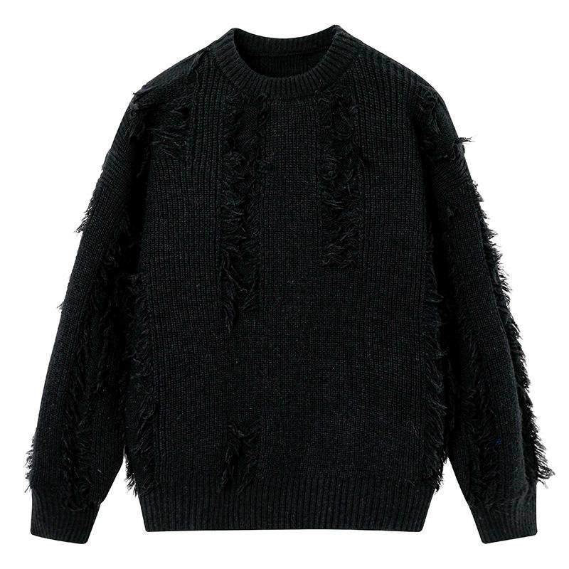 Unisex Fringe Textured Sweater, Loose Round Neck Knitwear - Japanese Lazy Style, Perfect for Autumn/Winter
