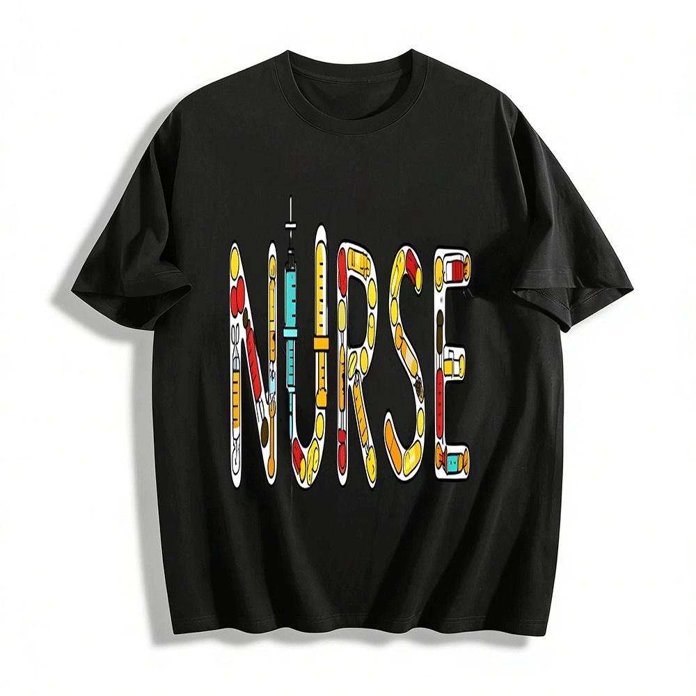 Fun Medical Element Nurse Themed Print Casual T-Shirt Pure cotton T-shirt XXS
