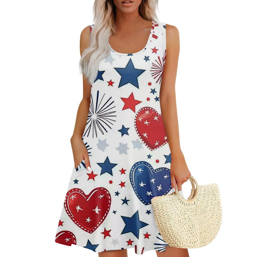 Women's Summer Casual Square Neck Independence Day Printed Dress Sleeveless Dress With Pockets