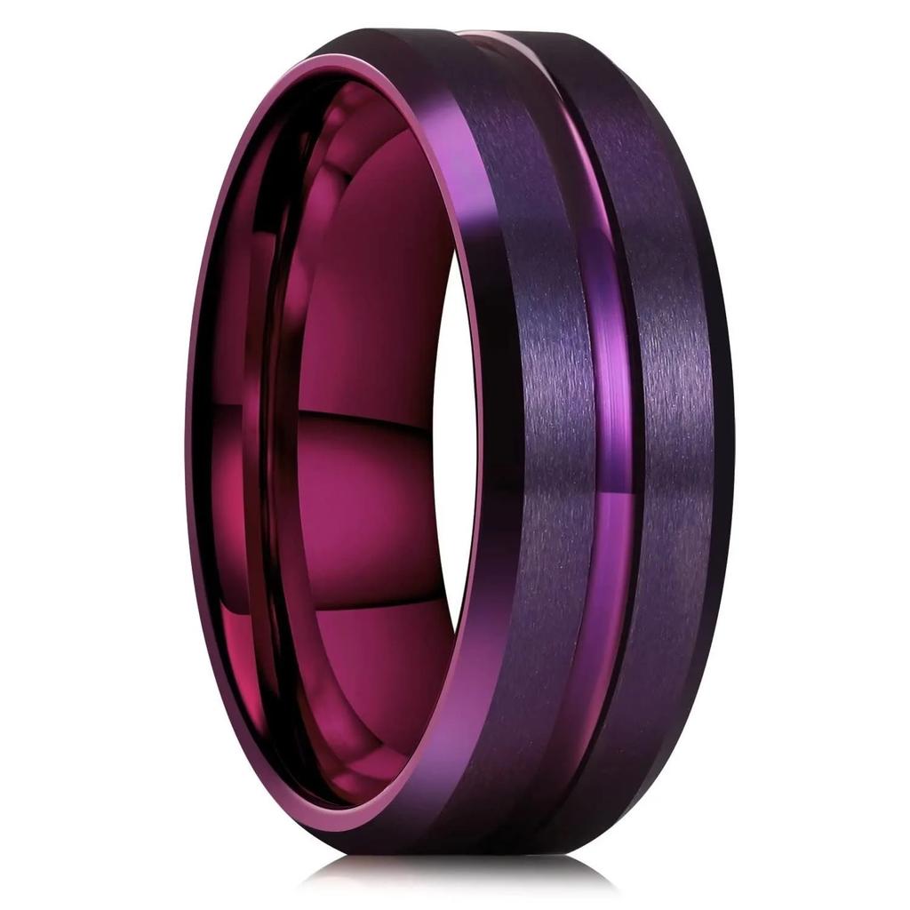 Trendy 8mm Gold Color Groove Beveled Edge Titanium Wedding Rings For Men Black Brushed Stainless Steel Ring Men's Wedding Bands
