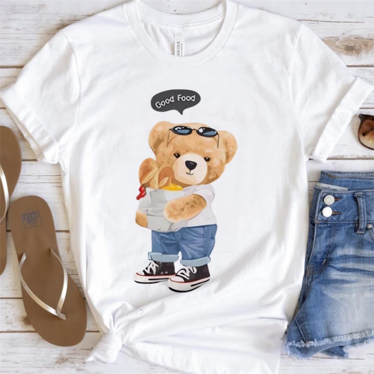 

Bear Good Food Printed Womens Summer T-Shirt Cute Cartoon Tee Short Sleeved Basic Top Trendy O-Neck Casual Pattern for Lady XXXXXL білий