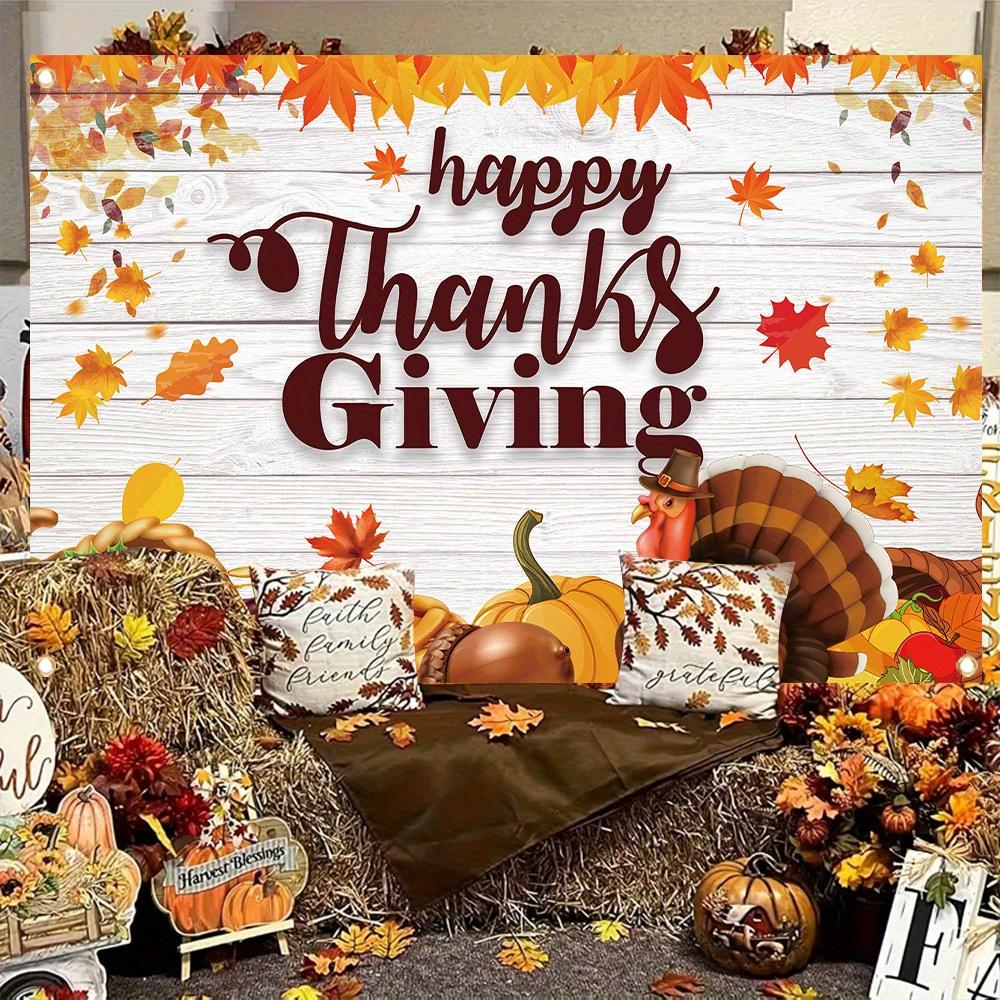 1 piece Thanksgiving Happy Polyester Banner White Wood Wall with Turkey Maple Leaf Pumpkin Pattern
