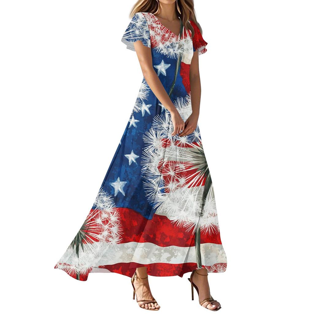 Women's Independence Day Printed Casual Fashion Dresses V-Neck Short Sleeve Dresses