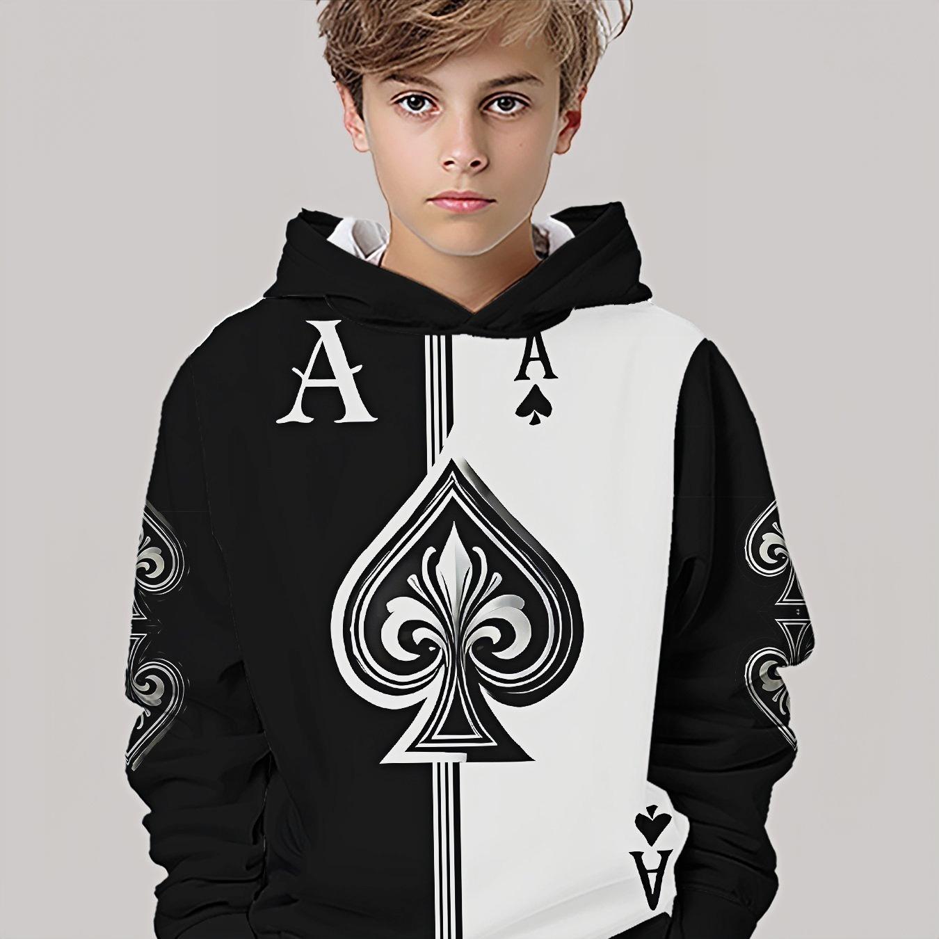 

3D digital printed playing cards! Spades A hoodie, a fashionable and trendy children s casual clothing, suitable for boys to wear when going out 13-14Y