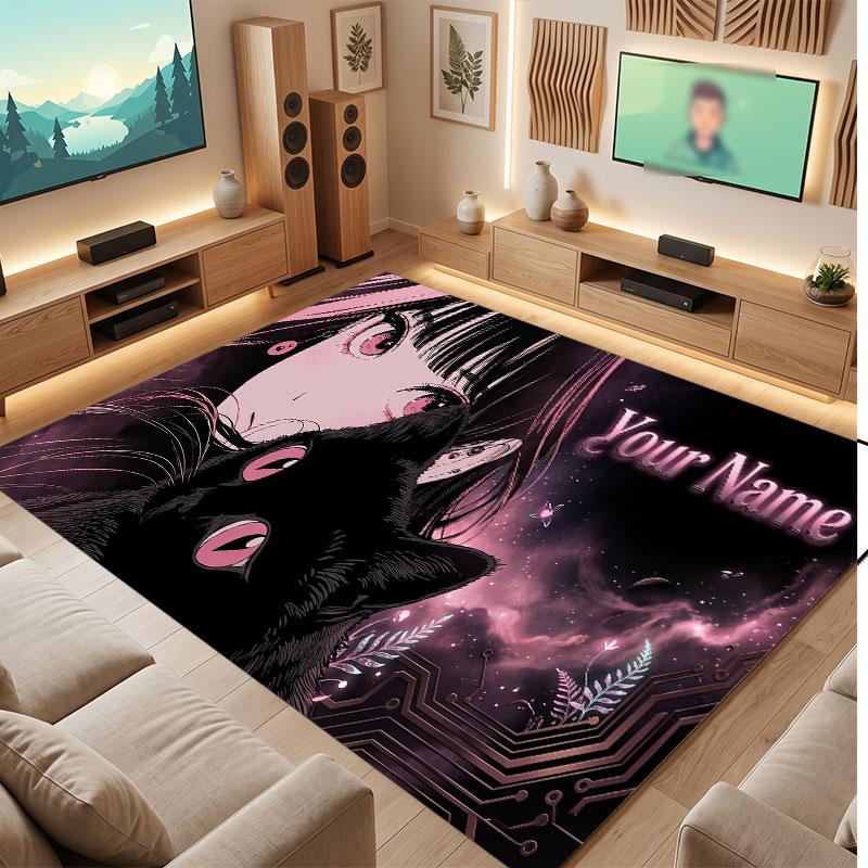 Cat Theme Crystal Velvet Floor Rug Personalized Custom Name Text Warm Carpet Home Decoration
