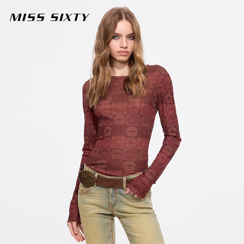 MISS SIXTY Lip Print Ruffled Long Sleeve T-Shirt L