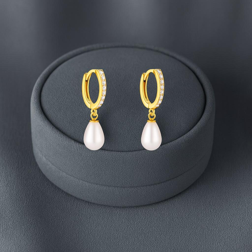 Pearl Drop Huggie Hoop Earrings - 925 Sterling Silver Yellow Plated