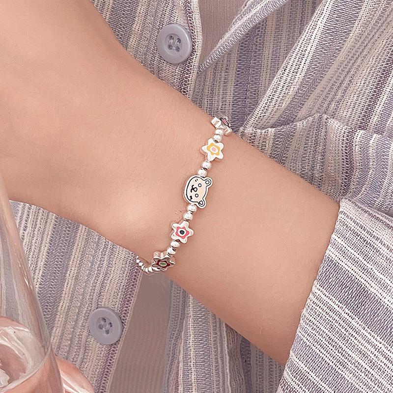 Banyan Tree S925 Silver Colorful Flower Bear Beaded Bracelet for Women - Summer Girlish Jewelry
