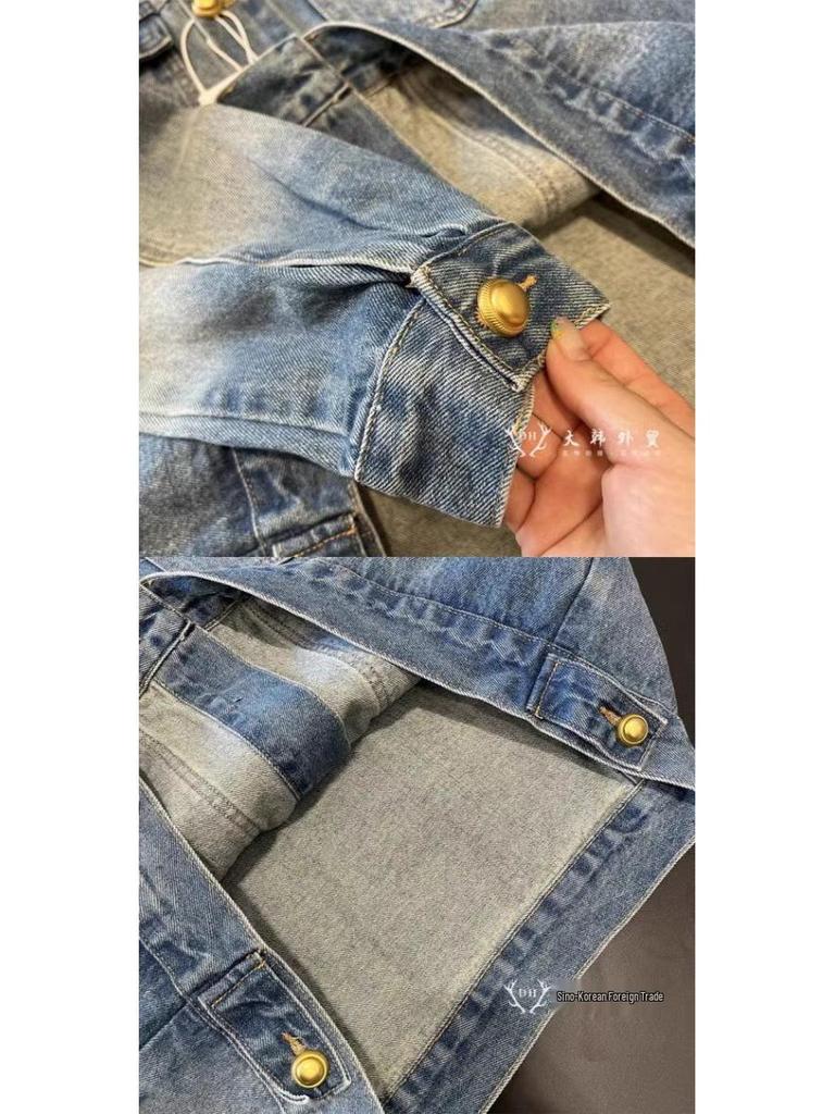 Veste en jean délavé style rétro Hong Kong pour femme - Mode décontractée ample Printemps/Automne 2025
