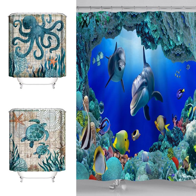 Eco-friendly Sea Turtle Octopus Shower Curtain Featuring Soft Polyester Fiber And Easy Installation Hooks