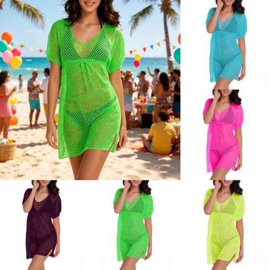 Cover Up, Drawstring Breathable Mesh Fabric, Swimsuit Short Sleeve Side Slit Design, Beach Dress for Summer Beach