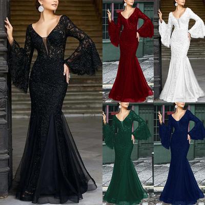 New Women's Dresses Lace Embroidery Fishtail Black Slimming Evening Gowns