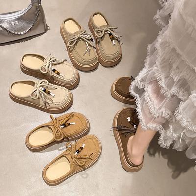 Retro Baotou Beaded Lace-up Shoes Women's Spring and Summer Thick-soled Height Baotou Half Slippers Women