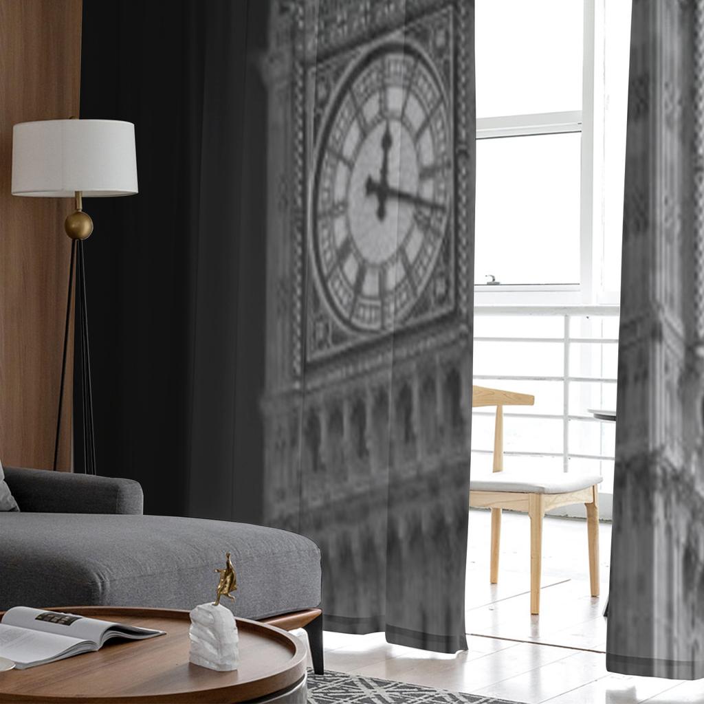 ביג בן על רקע ירח גדול וילונות טול שקופים שחור-לבן לקישוט הסלון והמטבח וילונות ווילון אורגנזה