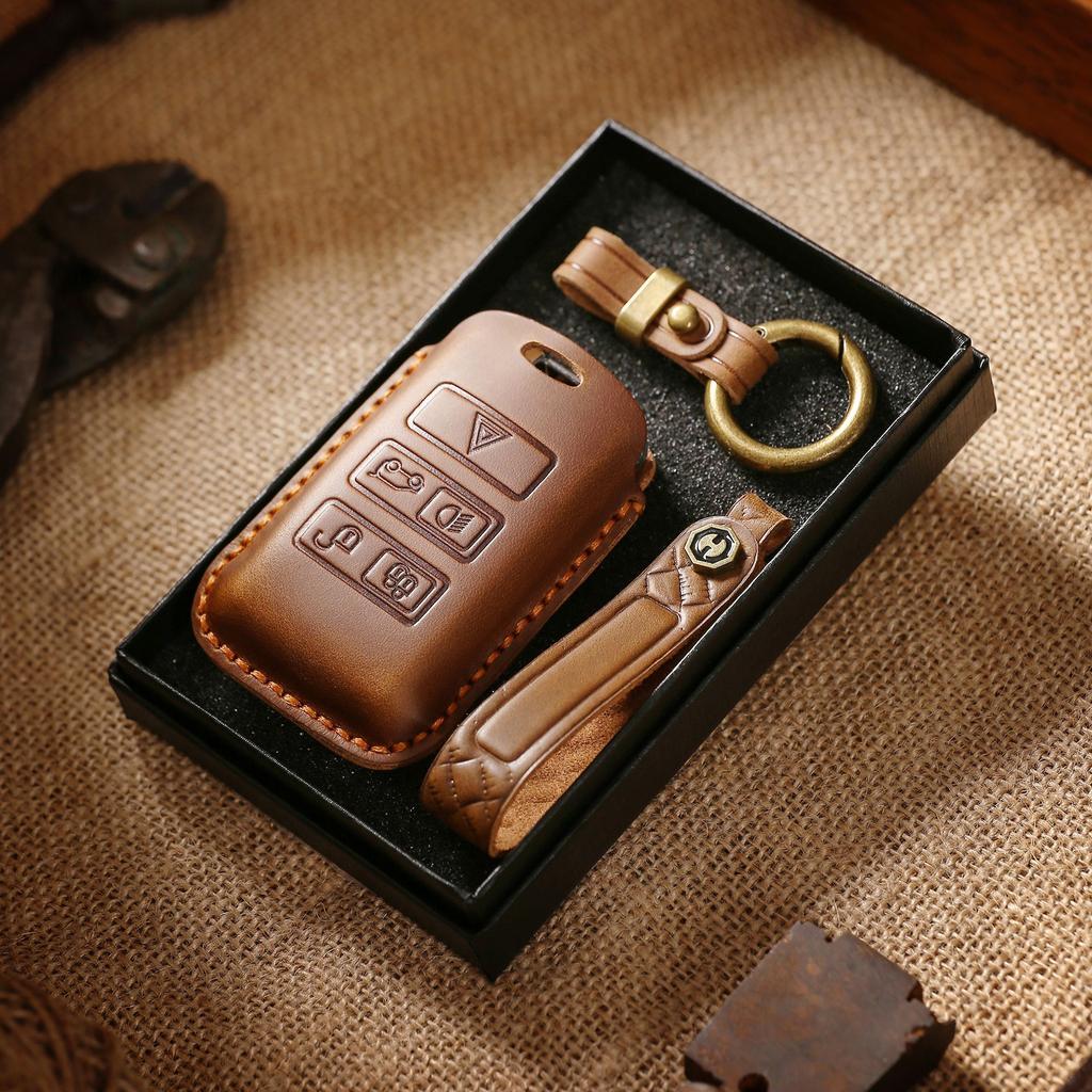 Vintage Leder Schlüsselhülle für Land Rover New Range Rover Discovery 5 Jaguar Handgefertigte Autoschutzhülle Verschluss