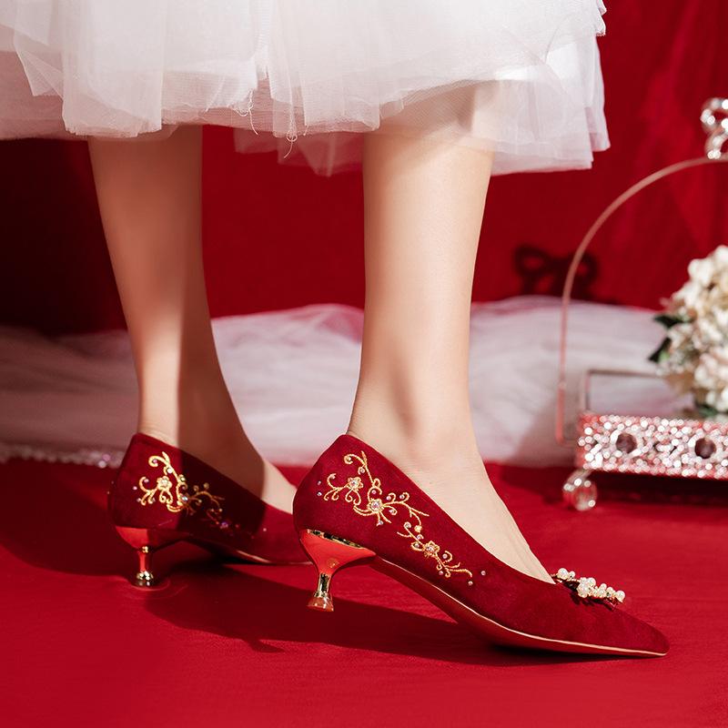Red wedding shoes women's thin heels rhinestone wedding bride shoes autumn new high heels engagement show he wedding dress shoes